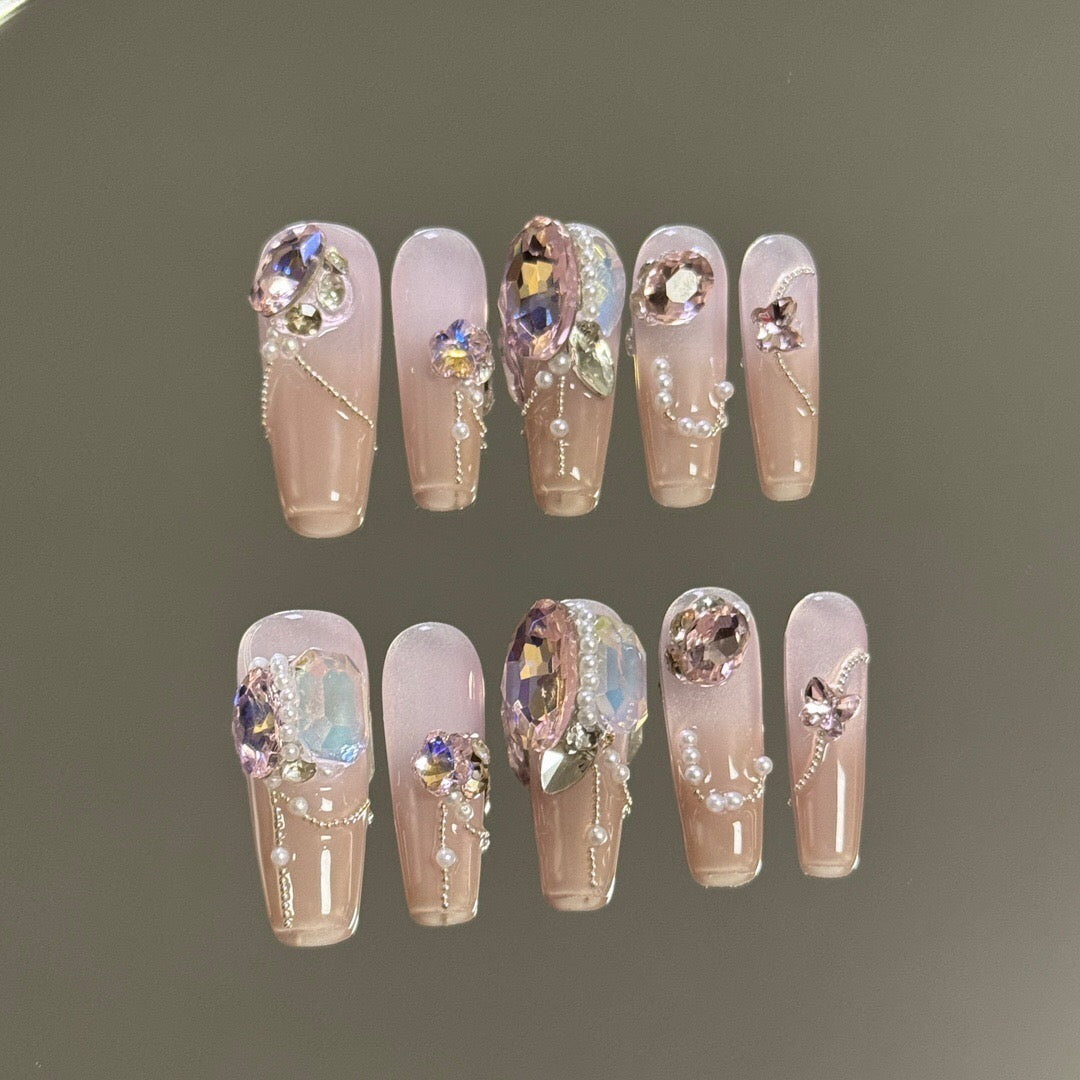 Pink Diamond Pearls | Luxury handmade nails | press-on fake nails | reusable long nails
