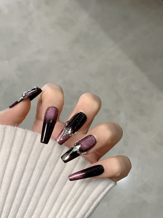 Luxury handmade nails | purple and black shining | press-on fake nails | reusable long nails