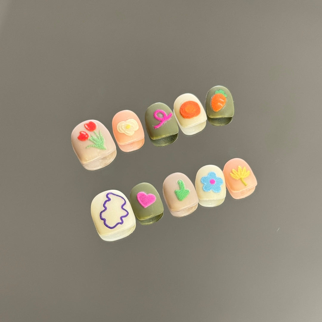 Cute Hand Painted Fake Nails / Short Nails/ Cute Kids Nails / Press On Nails